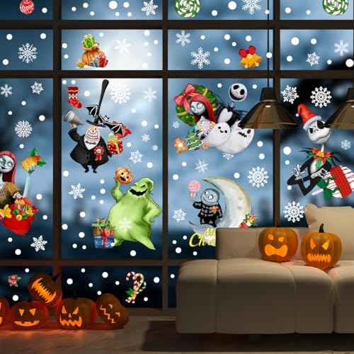 Halloween Christmas Before Window Clings Nightmare Stickers Decorations 9 Sheets for Glass Windows Decorations Fridge Mirror Decal