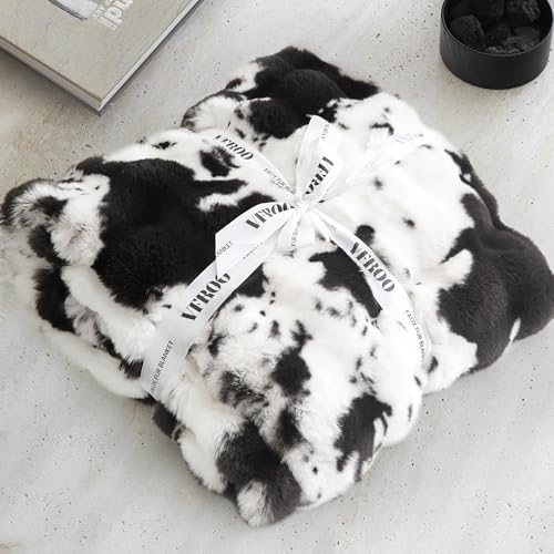 Black Cow Faux Rabbit Fur Throw Blanket - 50x60 Inches Ultra Plush Fluffy Bed Couch Decor