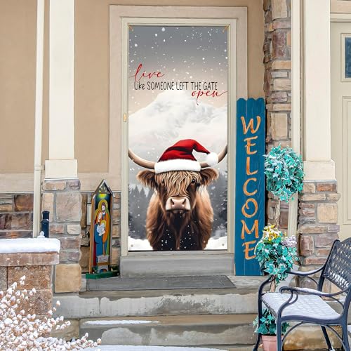 E-Christmas Cow Door Cover - Funny Highland Cow Holiday Door Banner for Indoor Outdoor Decor