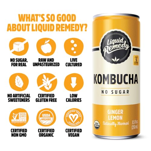Liquid Remedy Sugar-Free Organic Kombucha Drink Variety Pack - Gut Health Probiotic Tea - 8.5 Fl Oz Cans, 24-Pack - Super Sampler