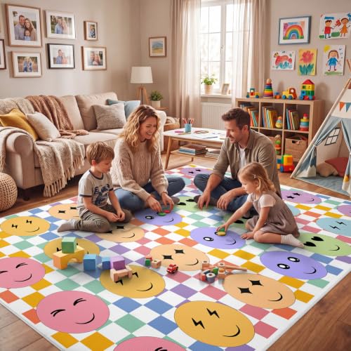 Classroom Rug - Large 7.6x12 ft Pastel Smile Face Play Area Mat - Bright Learning Space - Variation of Pastel / Smile Face