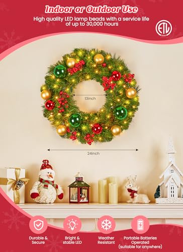 Minetom 24 Inch Pre-Lit Christmas Wreath with 50 LED Warm Lights for Front Door Decor