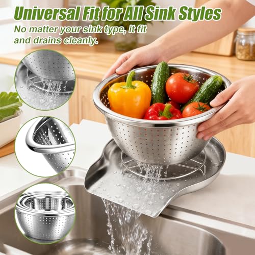 3 Sizes Stainless Steel Colander Set with Self-Draining Base Plate - Food Strainers for Pasta, Rice, Fruits & Veggies