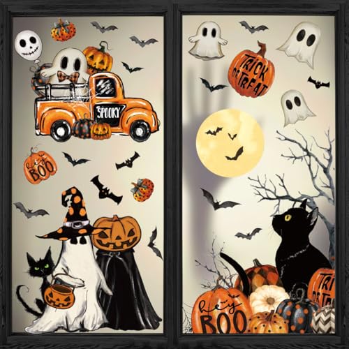 Horaldaily 40 PCS Halloween Window Cling Sticker, Jack-O-Lantern Pumpkin Truck Gnome Ghost Bats Cat Home Party Supplies Shop Window Glass Display Decoration