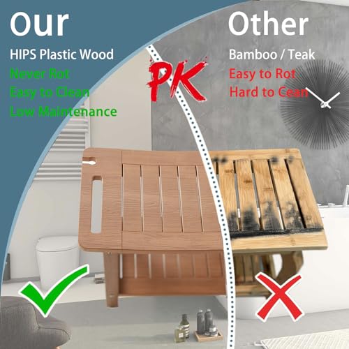 JemKelly Brown Heavy Duty Shower Bench 500LB Waterproof Poly Lumber Seat with Storage & Handrails