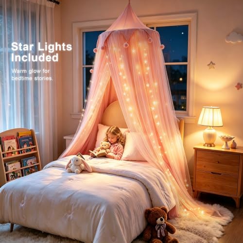 Twyvoka Princess Bed Canopy for Girls with Star Lights, Blush, 25.6"W x 106"L, Twin & Full Bed Size