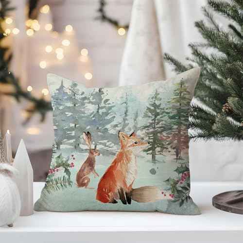 PANDICORN Winter Pillow Covers 18x18 Set of 4 Reindeer Sleigh Christmas Tree Forest Deer Xmas Winter Wonderland Decorations Outdoor Christmas Holiday Throw Pillow Cases for Sofa Couch Home Decor