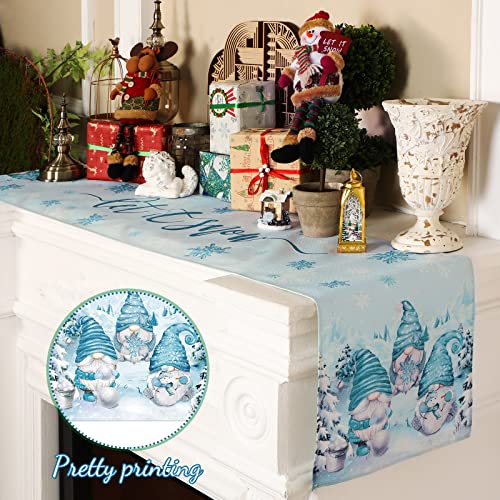 Let It Snow Christmas Table Runner with 6 Placemats Set - 13 x 72 Inch Blue Gnome Snowflake