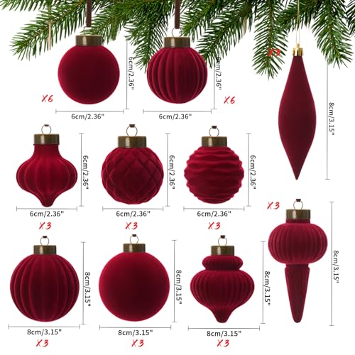Menkxi 36 Pcs Burgundy Velvet Christmas Ball Ornaments Flocked Finial