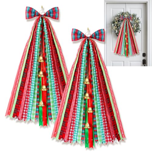 Large Christmas Plaid Wreath Bows with Bells - 2 Pack, 30x20 inches