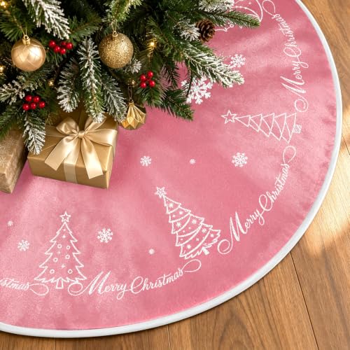 TenGlow Pink Velvet Christmas Tree Skirt 36 Inch Snowflake Embroidery - Holiday Decor