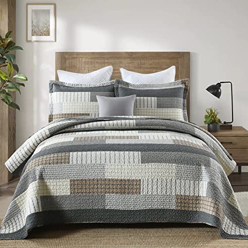 Queen Size 100% Cotton Patchwork Quilt Set - Reversible Bedspread, Grey/Tan/Black, 3 Pieces by DUOHONG