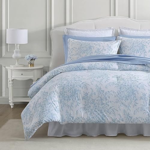 Queen Size Comforter Set with Matching Shams - Bedford Blue Floral Bedding