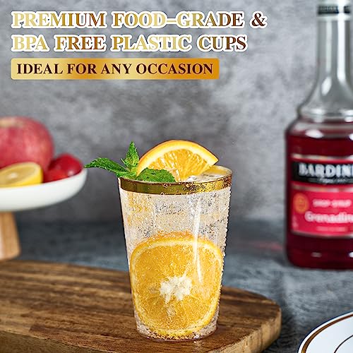 Gold Rimmed Disposable Plastic Cups 12 oz - 200 Pack, Elegant Partyware