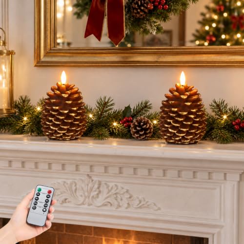 Fo32won Brown Pine Cone Flameless Candles with Remote, Real Wax, 4-inch