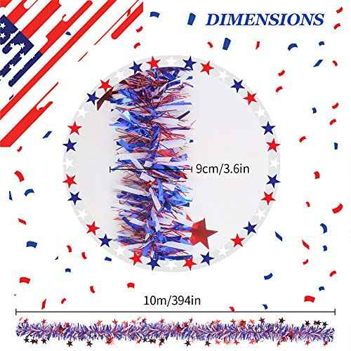 CCINEE 33FT 4th of July Tinsel Garland,Patriotic Metallic Star Garland for Independence Memorial Day Tree Banister Fireplace Home Party Decoration