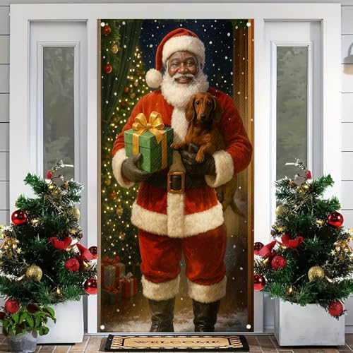 Christmas Door Cover Santa Wrapped Box 35x71 Inch Polyester Holiday Decor