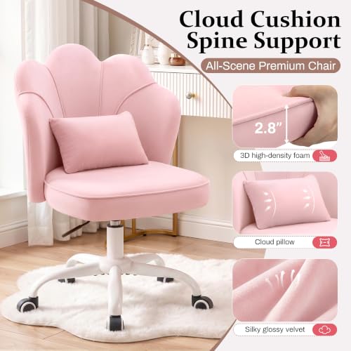 Pink Velvet Vanity Chair with Wheels - Swivel Makeup Desk Chair, Adjustable Height