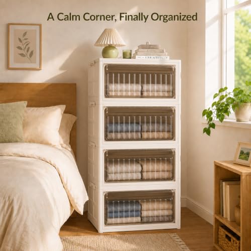 YKMH 106QT Stackable Storage Bins with Lid, 4-Tier Collapsible Closet Organizer