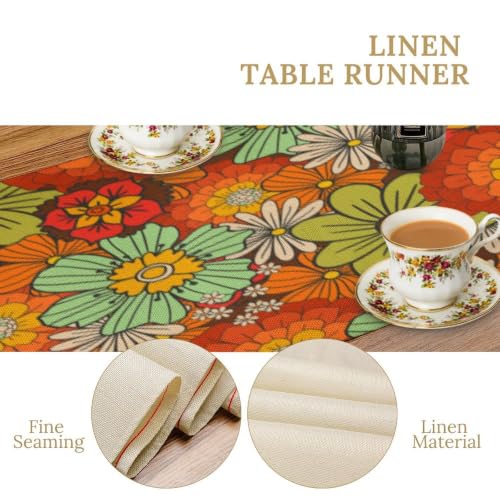 SHElifestyle W13" x L36" Orange-13 Retro Floral Table Runner – Vintage Boho Linen Look