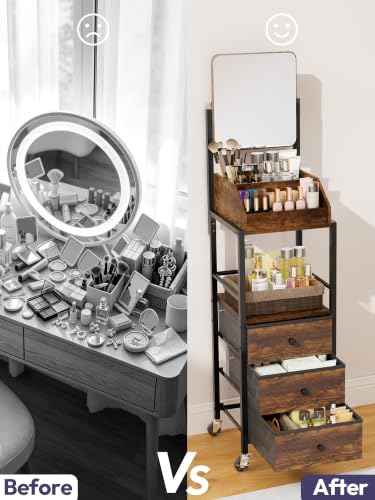 Espresso SWTYMIKI Makeup Organizer Cart with Mirror & Storage Drawers