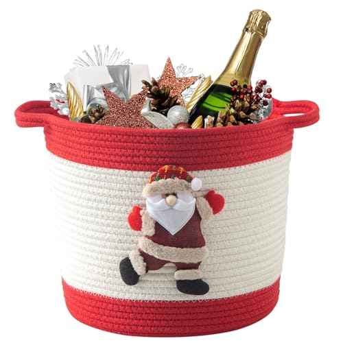 Christmas Basket with Santa Claus Doll, Woven Cotton Rope Christmas Storage Basket with Handles, Christmas Toy Baskets for Baby Towels, Diapers, Pet Toy Storage Basket, Red