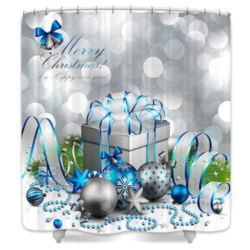 DYNH Holiday Shower Curtain, Happy Merry Christmas Silver and Blue Xmas Ball and Box for New Year Bath Curtains, Fabric Shower Curtain Bathroom Accessories 12PCS Hooks 69X70IN
