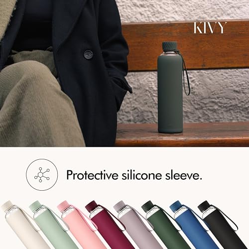 Cream White Glass Water Bottle with Silicone Sleeve 32 oz & Measurement