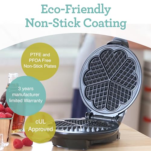 Euro Cuisine Heart Shaped Waffle Maker - 8 Inch Non-Stick, Eco-Friendly, Adjustable Settings