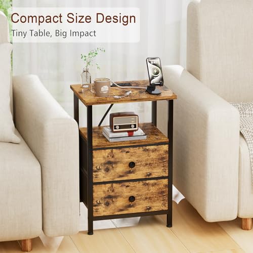 Rustic Brown Two-Drawer Nightstand with Charging Station - Small Bedside Table
