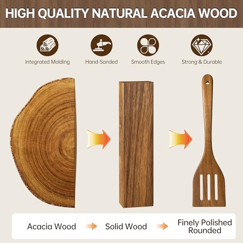 12 PCS Wooden Utensil Set with Storage Stand - Acacia Kitchen Tools for Cooking