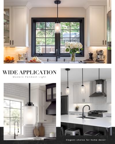 TENGXIN 2 Pack Matte Black Pendant Lights for Kitchen Island with Dual Glass Shades - Adjustable Height