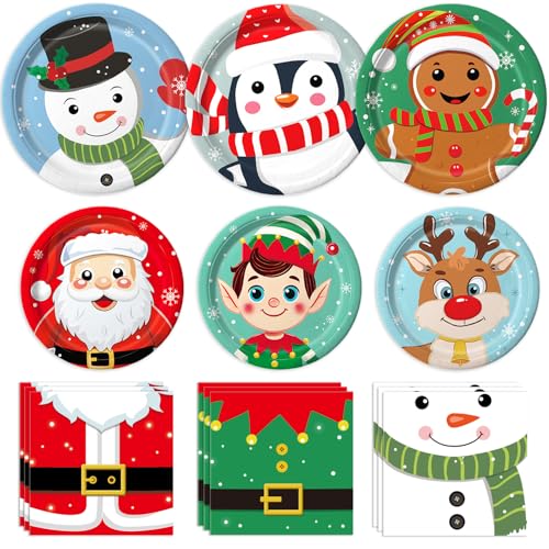 Christmas Paper Plates & Napkins Set Serves 30 — 3 Dinner Plates + 3 Dessert Plates + 40 Napkins