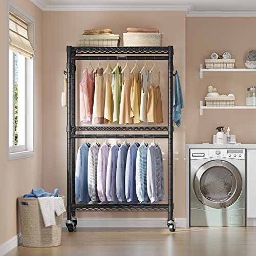 Black R2 Medium Clothes Rack for Hanging Clothes with Lockable Wheels