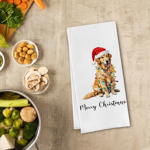 Golden Merry Christmas Dog Kitchen Towels (Cilrii) 16x24 – Gifts for Golden Retriever Lovers