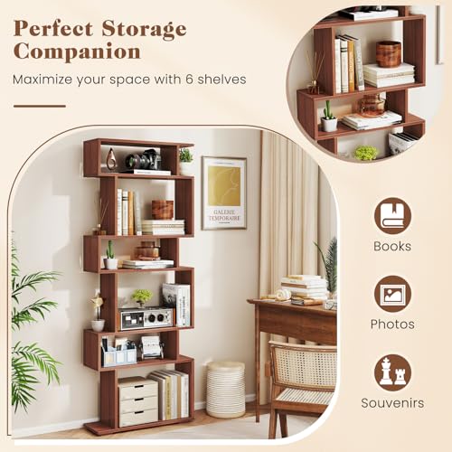 Giantex 6-Tier Geometric Walnut Bookcase with Anti-Tipping Kits - Modern S-Shaped Wooden Shelf