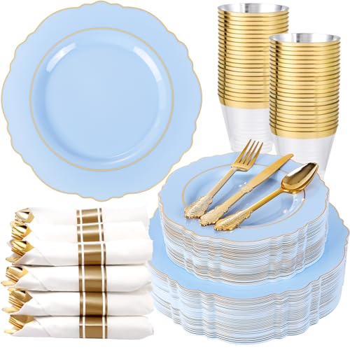Light Blue 350PCS Disposable Plastic Plates Set for Wedding & Party