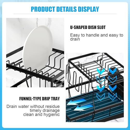 Large 2-Tier Dish Drying Rack with Drainboard - Black, Detachable Kitchen Counter Organizer