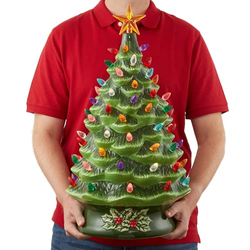 Casafield Hand Painted Ceramic Christmas Tree - Green 24-Inch Pre-Lit Holiday Decor with 148 Multi-Color Lights & 2 Star Toppers