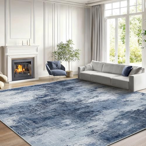 Blue Abstract Area Rug 8x10 ft - Washable Modern Living Room Carpet - Dark Blue