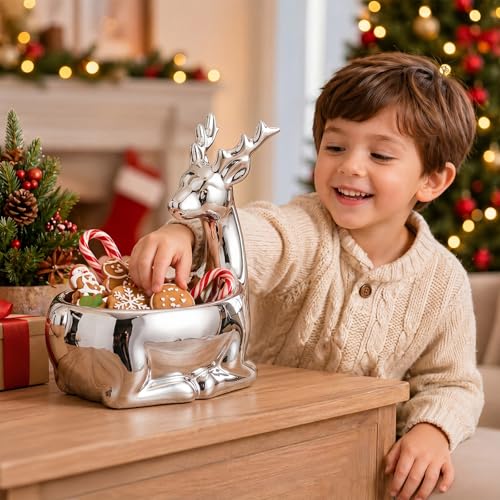SiliFine Christmas Silver Reindeer Ceramic Candy Bowl - Holiday Table Decor