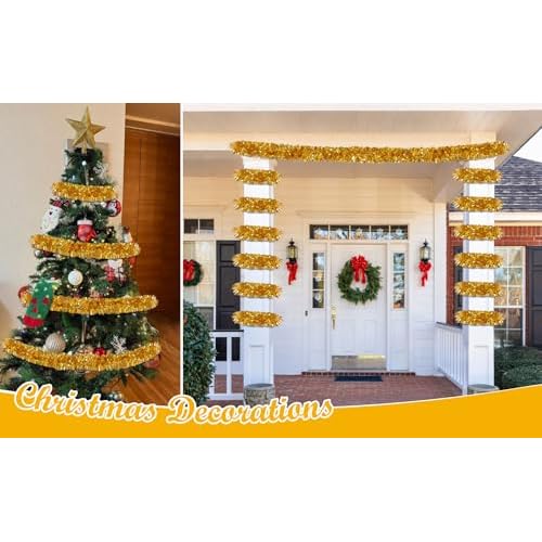 50Ft Gold Christmas Garland Decorations,Xams Tinsel Stems Non-Lit Soft Twist Garland Decor for Tree Stairs Railing Front Door Mantle Fireplace Indoor Outdoor Holiday Home