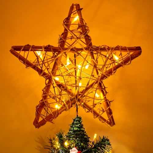 Christmas Tree Topper, Rustic Rattan Star Treetop Christmas Tree Decorations with 10 Light, Star Tree Toppers for Indoor Holiday Party Xmas Decorations