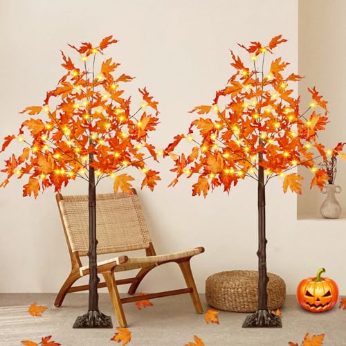 2 Pack 4FT Lighted Maple Trees with 100 LEDs for Indoor Outdoor Fall Decor