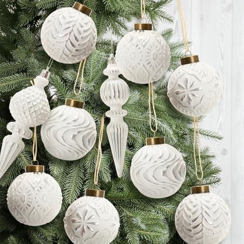HyDren Silver Vintage Finial Christmas Ornaments, 16 Pcs Shatterproof Ball Set (12 Round 3.15in + 4 Pendant 6.3in)