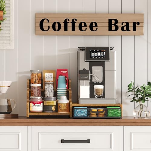 Coffee Station Organizer with K Cup Holder - Rustic Brown, 28 Pod Capacity, 3-Tier Syrup Rack