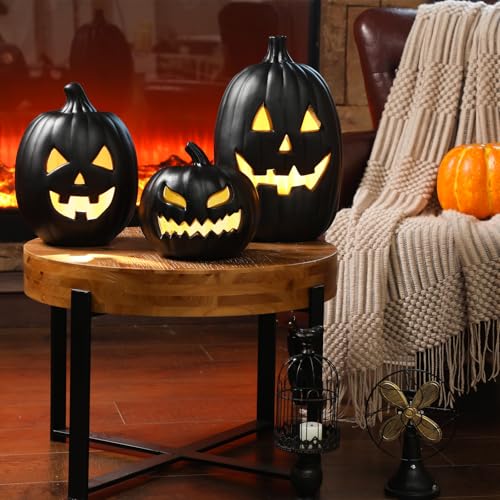 Black Halloween Jack O Lantern Decoration Set with LED Lights - 3 Pieces