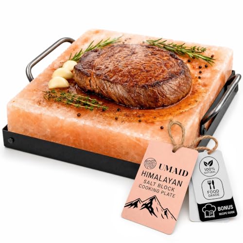 Himalayan Salt Block for Cooking Medium 8x8x1.5 - Food Grade Pink Salt Plate with Tray & Recipes