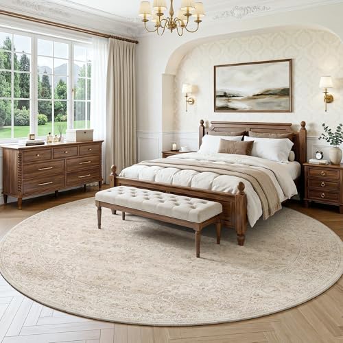 Beige Round Vintage Area Rug - 8ft Washable Neutral Floral Pattern for Living Room