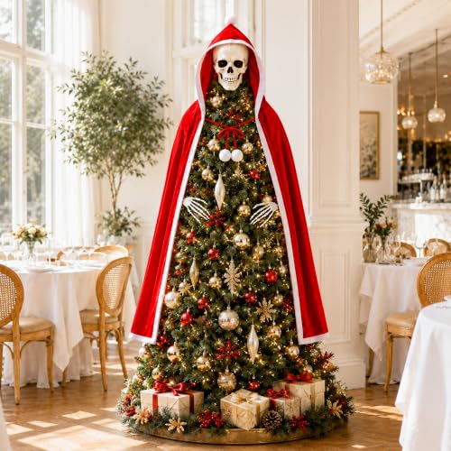 8-Inch Gothic Skull Tree Topper with Red Cloak & Skeleton Hands for Christmas Decor
